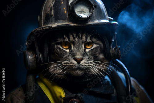 Generative AI image of rescue animal cat firefighter in helmet isolated on dark background