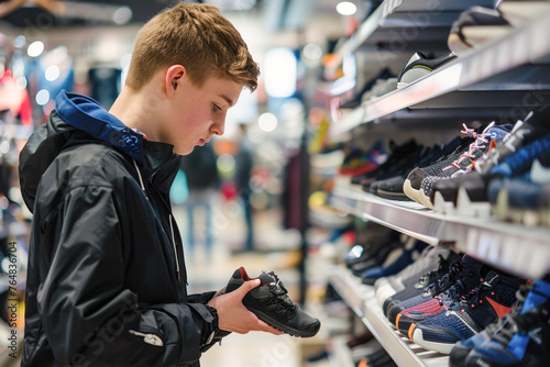 A teenager in a shoe store: A young man is examining a shoe carefully, with a variety of shoes displayed around him, suggesting he's shopping for footwear
