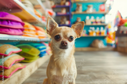 A small dog in a pet store: The dog appears to be a Chihuahua, happily sitting on the floor of a pet shop with colorful shelves of pet accessories in the background