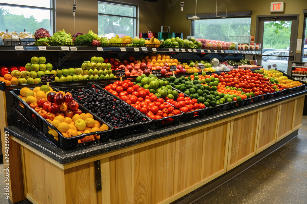 Produce section of a grocery store: The counter is stocked with a colorful assortment of fresh fruits and vegetables in an eco-products store, highlighting a variety of healthy food options available