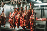 Beef carcasses in a slaughterhouse: The image shows processed beef hanging on hooks in a commercial meat processing facility, focusing on the scale and industrial nature of meat production