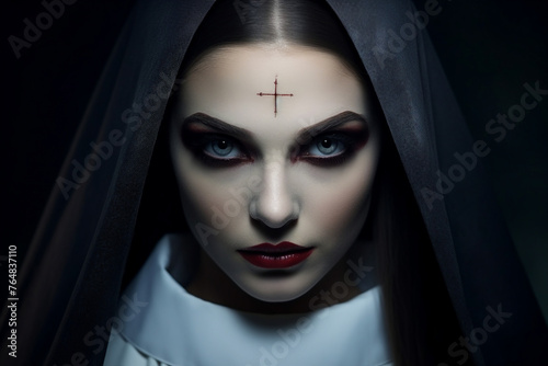 Mysterious religious person nun priest in church robe serious face expression Generative AI illustration
