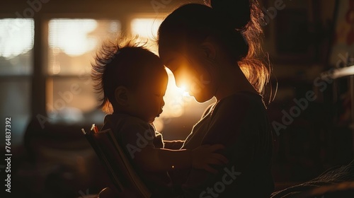 Silhouette of a young girl holding a sleeping baby with sunlight in the background. © AdriFerrer