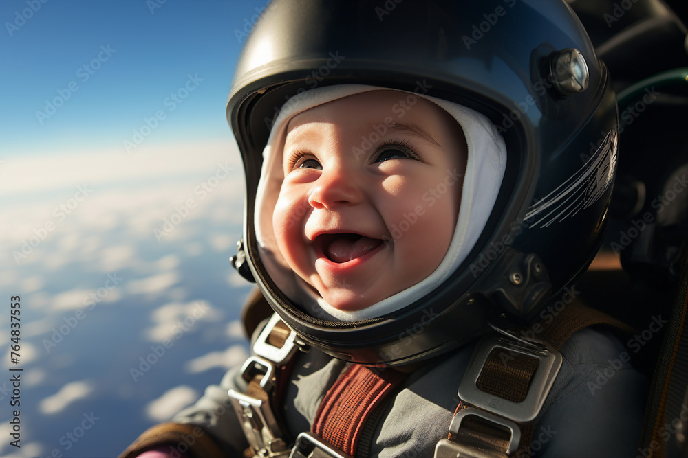 AI generated image of cheerful happy funny baby skydiver free falling AI generated image of cheerful happy funny baby skydiver free falling