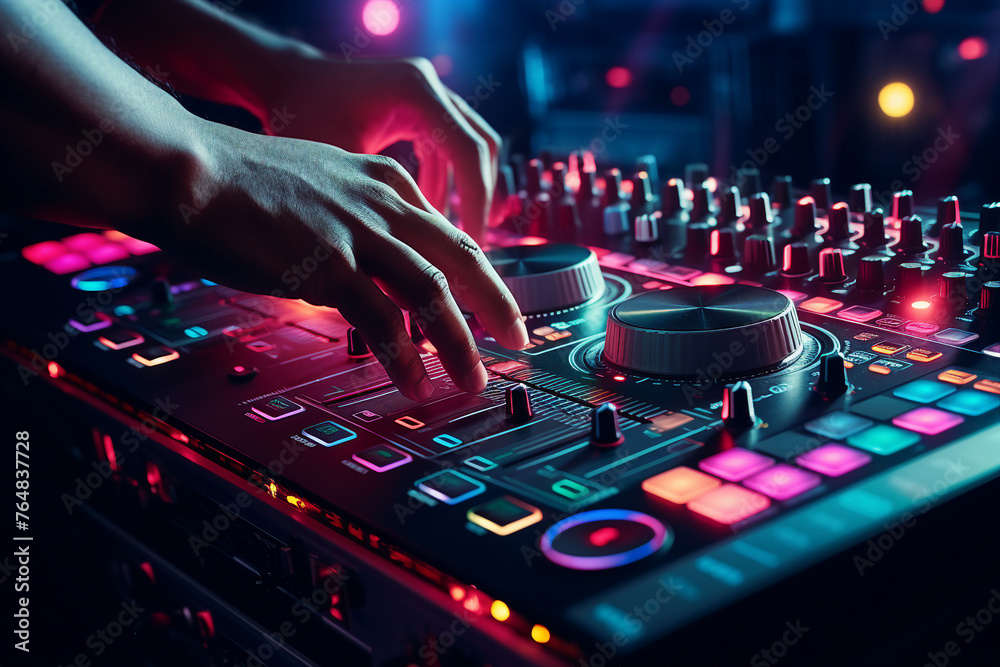 Nice deejay in da club turning dance music nightlife youth party entertainment Generative AI image Nice deejay in da club turning dance music nightlife youth party entertainment Generative AI image