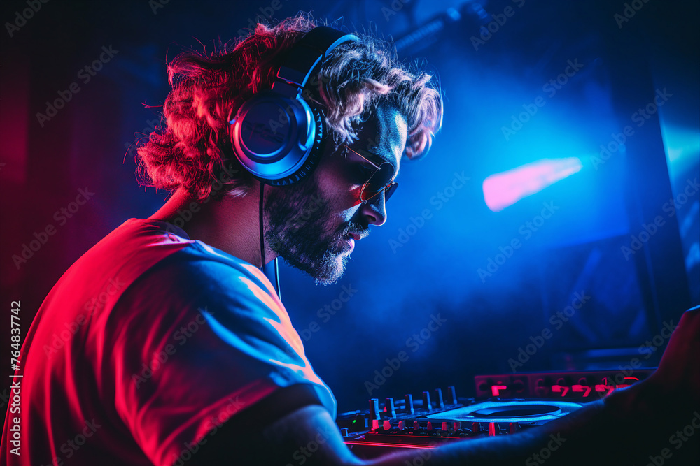 Nice deejay in da club turning dance music nightlife youth party entertainment Generative AI image Nice deejay in da club turning dance music nightlife youth party entertainment Generative AI image