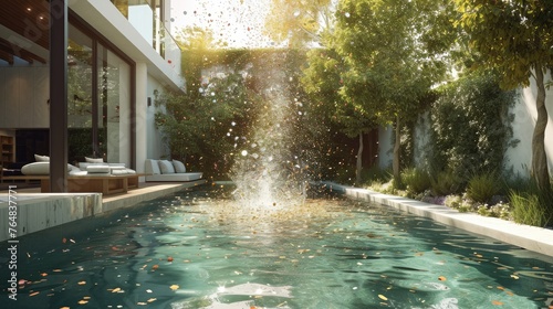 Confetti gently falls, creating a dynamic composition around a contemporary pool, evoking a sense of luxury.