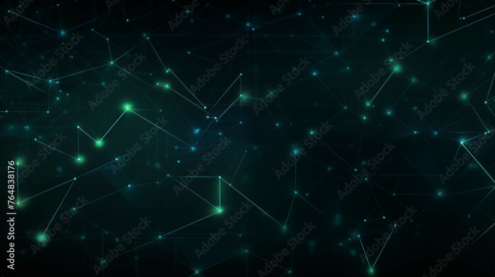 Green background with blue glowing lines and dots. Blockchain and technology background.