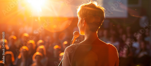 A young woman giving speech with many people in the audience photo