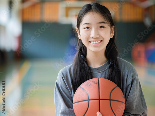 Portrait happy asian girl holding basketball in a school gymnasium 