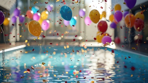 Close-up reveals falling confetti and balloons, enhancing the modern allure of a high-end pool.