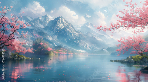 Pastel backgrounds featuring a serene lakeside scene. Generative ai