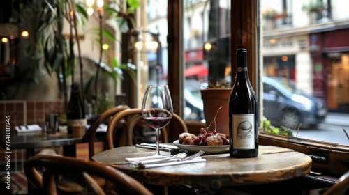 A quaint French bistro setting, with a small table by the window overlooking a bustling Paris street. 