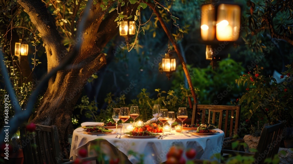A romantic outdoor dinner, set in a vegetable garden at twilight. The table is adorned with dishes