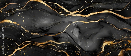 Black marble wall art abstract gold lines interwoven with ink and watercolor textures.