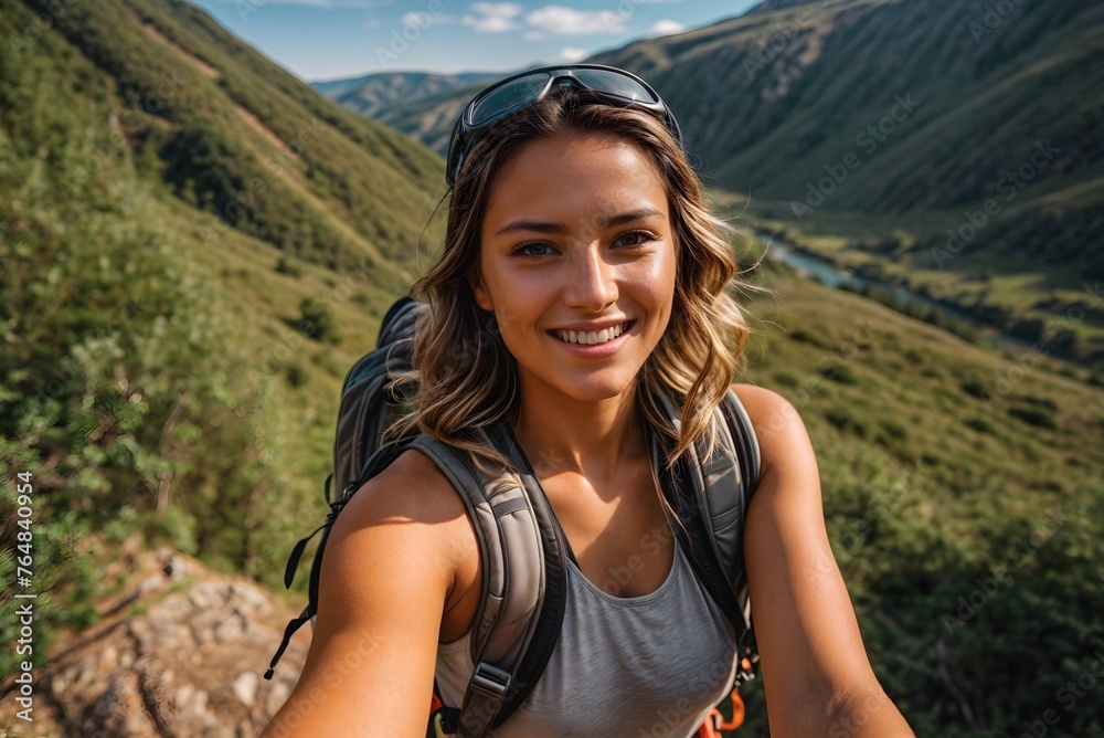 Young female hiker takes selfie on top of mountain, young backpacker smiling, tourism and travel	