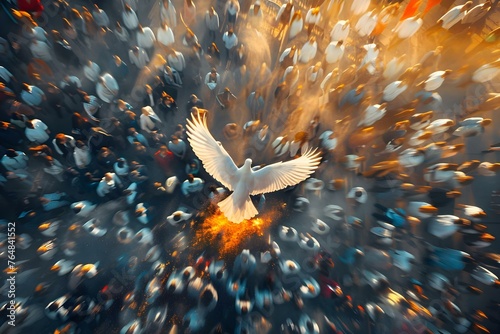 Pentecost in Christianity: Crowd gathers outside as Holy Spirit descends in flames on individuals. Concept Pentecost, Christianity, Holy Spirit, Flames, Gathering photo