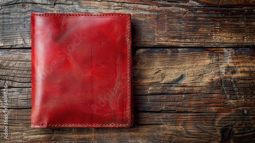 "Top-down view of a red leather wallet placed on a wooden background."
