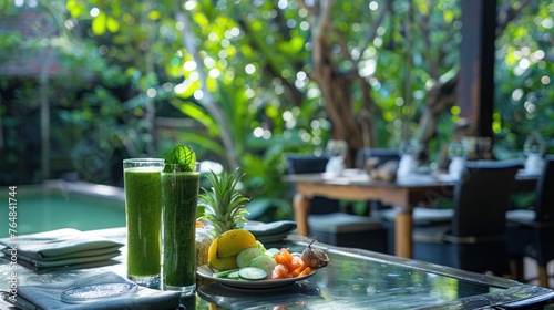 A serene morning at a yoga retreat, where breakfast is served in a tranquil garden. The meal features a fresh vegetable smoothie, green with spinach, and kale.