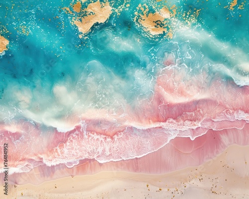 Abstract aerial view of a pastel seascape, pink sands meet blue waters, gold flecks