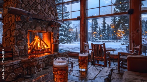 A serene mountain lodge after a day of skiing, where guests unwind with rich, dark ales by a stone fireplace. 