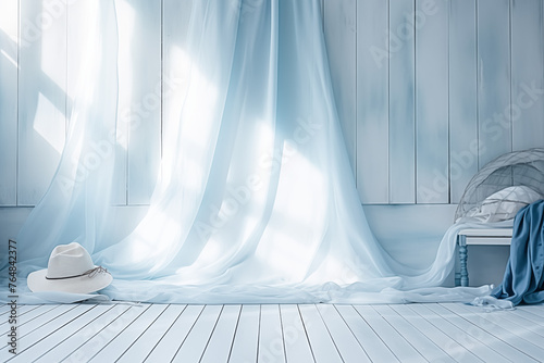 Elegant White Fedora Hat on Wooden Floor with Sheer Curtains and Soft Light

