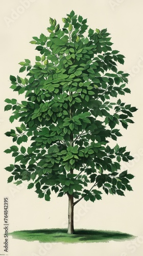 Classic botanical illustration of an elm tree, detailed leaves, Victorian garden ambiance
