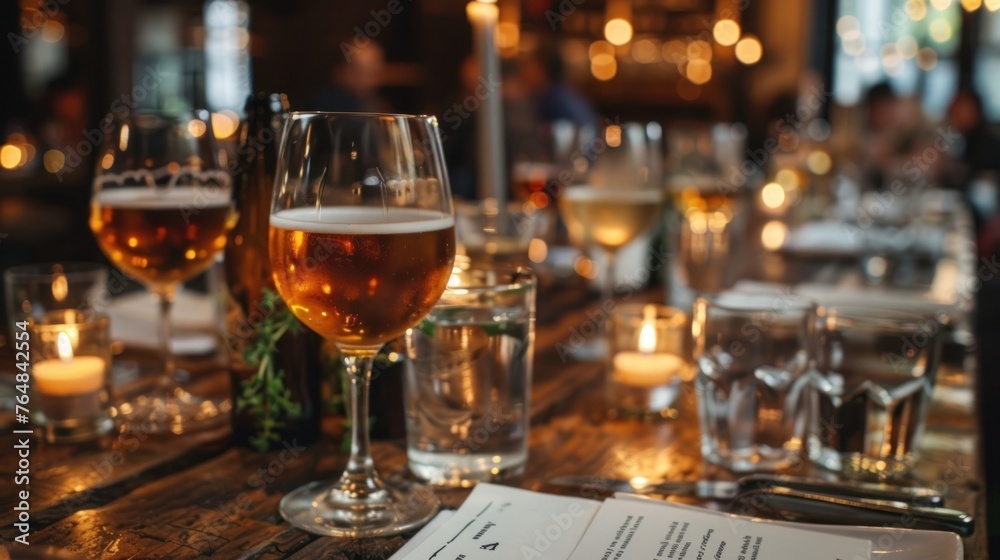 A sophisticated beer pairing dinner, where each course is meticulously matched with a different style of beer. The table is elegantly set, with detailed tasting notes beside each place setting. 
