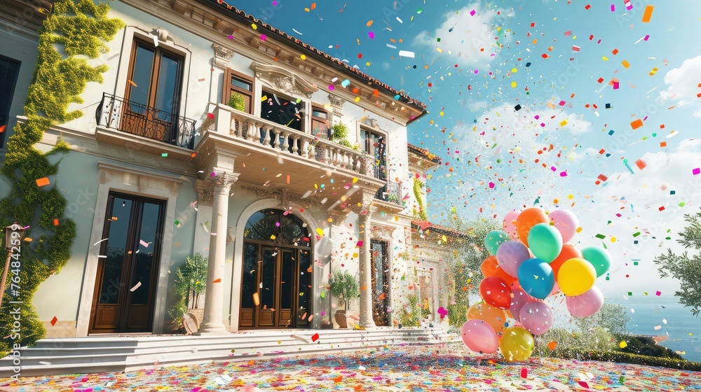 Beauty of confetti and balloons on a luxury home, side, front, and backyard view.
