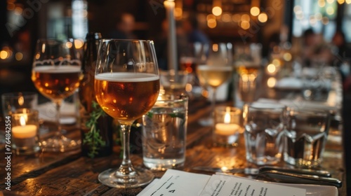 A sophisticated beer pairing dinner, where each course is meticulously matched with a different style of beer. The table is elegantly set, with detailed tasting notes beside each place setting. 