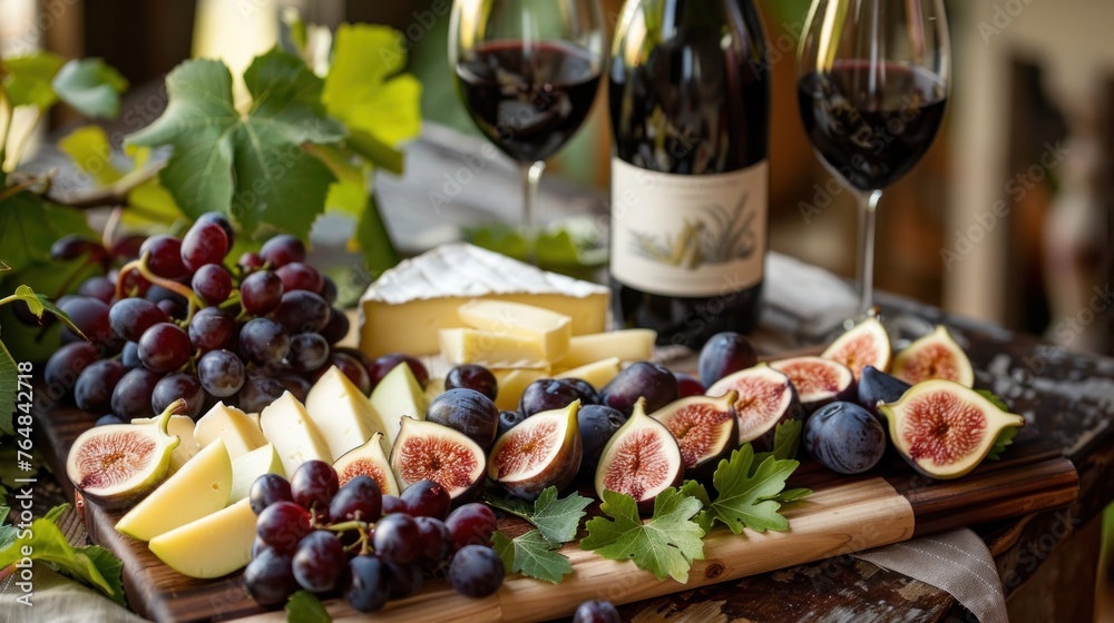 A sophisticated cheese and wine night, where a platter is artfully arranged with slices of fig, bunches of grapes, and wedges of apple, paired with various cheeses and a bottle of red wine.