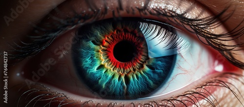 Capture a close-up shot focusing on the eye of an individual, highlighting the vibrant and colorful iris