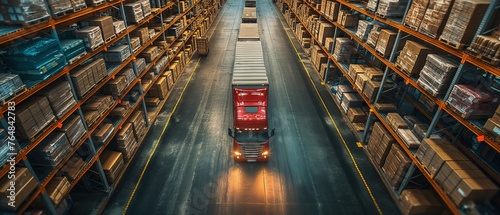big truck in warehouse full with cargos and parcels, Generative Ai