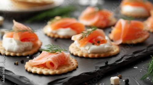 A sophisticated cocktail party, where a caterer artfully arranges canapÃ©s of smoked salmon and cream cheese on slate platters. 