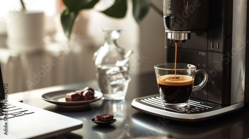 A sophisticated home office setup, featuring a sleek, modern espresso machine pouring a rich, aromatic shot of espresso into a small, elegant cup. 
