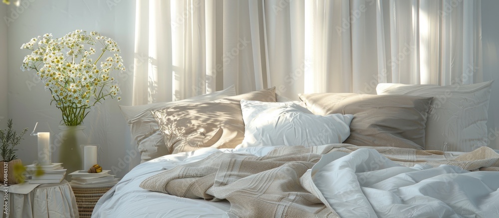 A comfortable bed covered with crisp white sheets and fluffy pillows, creating a serene and inviting atmosphere A comfortable bed covered with crisp white sheets and fluffy pillows, creating a serene and inviting atmosphere