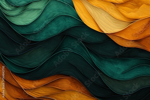 an abstract quilt made of gold and green colors, in the style of naturalistic landscape backgrounds