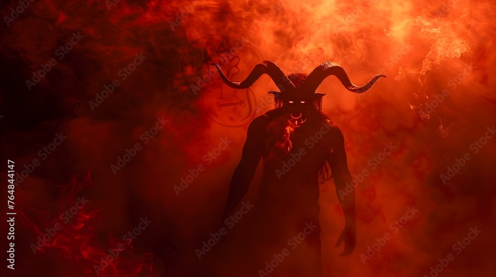 Lucifer's Sinister Silhouette Amid Hellfire and Smoky Crimson Glow with Capricorn Symbolism in a Dark,Dramatic Composition