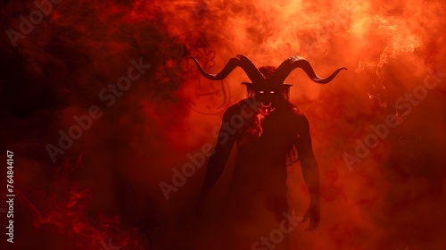 Lucifer s Sinister Silhouette Amid Hellfire and Smoky Crimson Glow with Capricorn Symbolism in a Dark Dramatic Composition