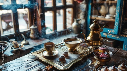 A traditional Turkish coffee preparation set in an old-world kitchen, with a small, brass cezve filled with finely ground coffee and water, slowly heated over an open flame. photo