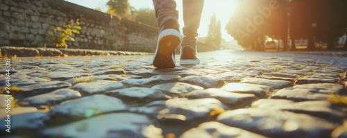 Man legs walking on the stone street in sunny backlight. © Filip