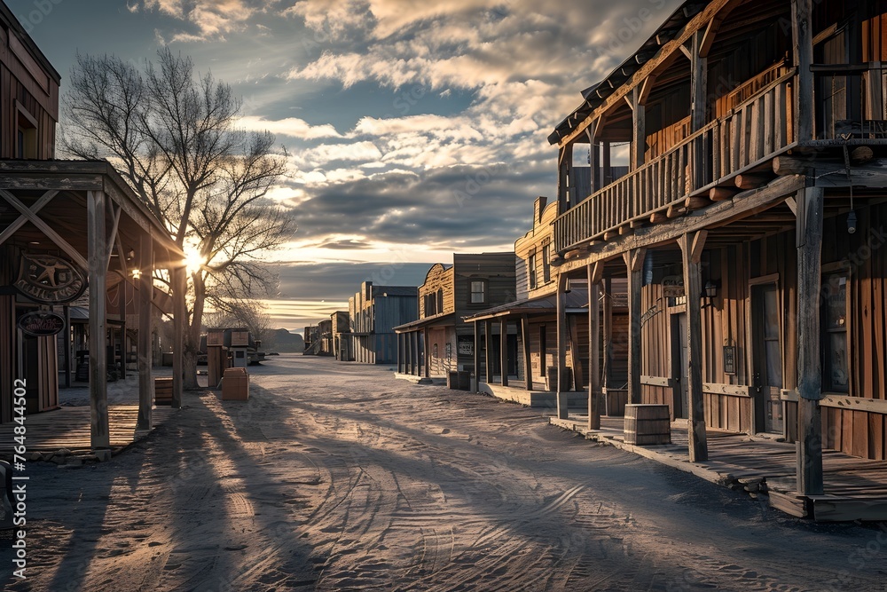Sunset Over Abandoned Western Town Main Street with Weathered Wooden Buildings and Shadows on Dirt Road in Tranquil Countryside Landscape