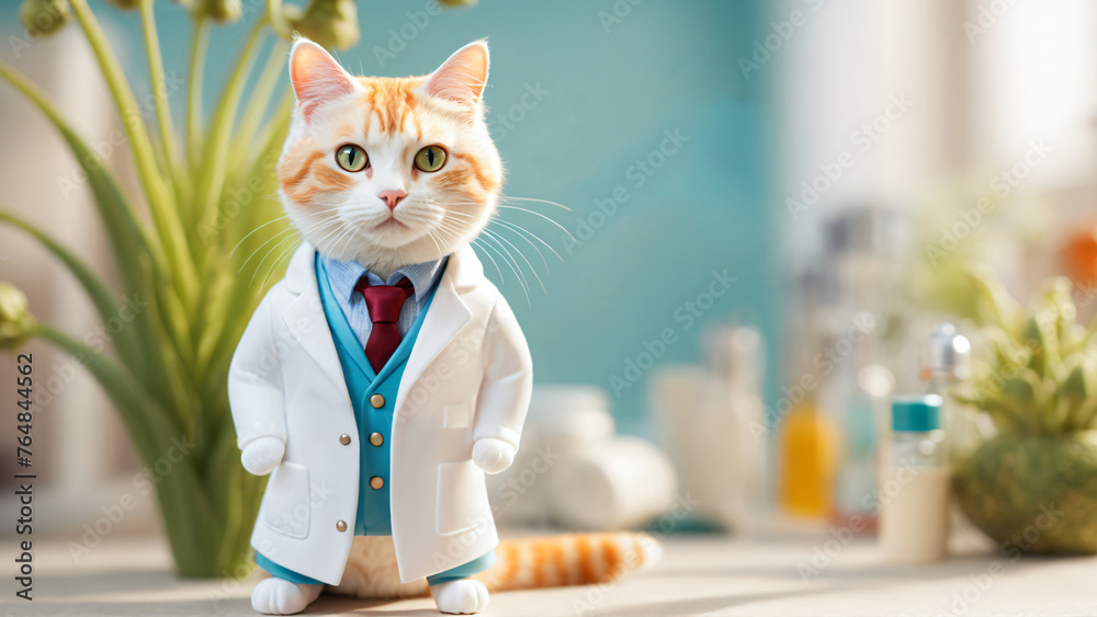 Doctor cat in a medical environment. Cat in a doctor's costume in a modern medical interior. 