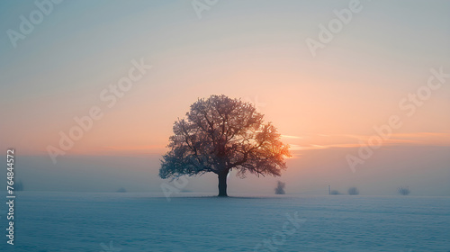 A lone tree with the sunset on a blue snow covered field, ethereal nature scenes © horizor