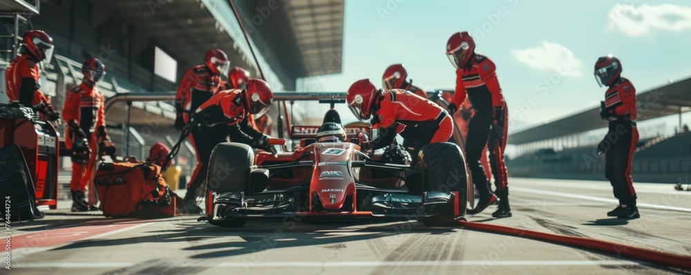 Obraz premium Team working at race pit stop place.