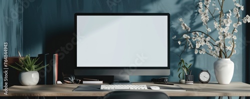 Blank screen desktop computer on white table with green plants on sides