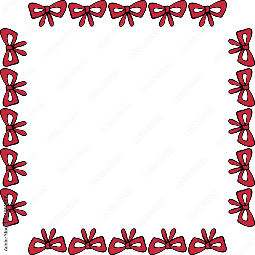 Square frame with festive red ribbons on white background. Vector image.