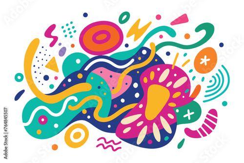 Colorful hand drawn doodle shape set on isolated white background. Random childish pencil color shapes and scribble