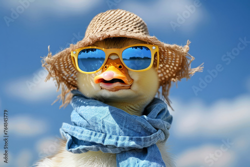 A duck wearing sunglasses and a hat. The duck is wearing sunglasses and a hat, giving it a cool and stylish appearance. stylish funny duck wit. funny animals card. a positive mood