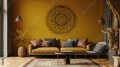 an intricate flowering mandala on a rich mustard wall, accentuated by a modern sofa in the frame.